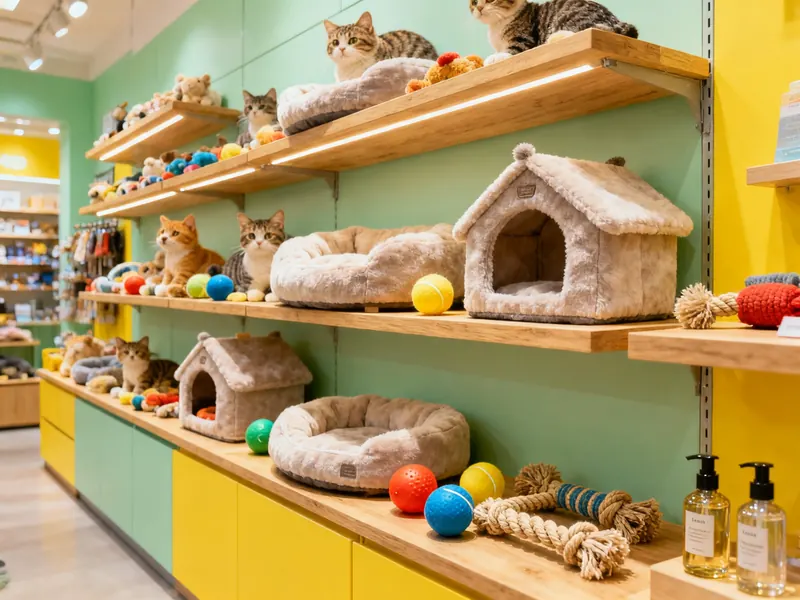 Brinquedos, camas e perfumes para pets em Pindamonhangaba: prateleira colorida do pet shop
