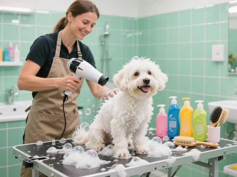 Banho e tosa para cães e gatos em Pindamonhangaba: groomer secando cachorro branco
